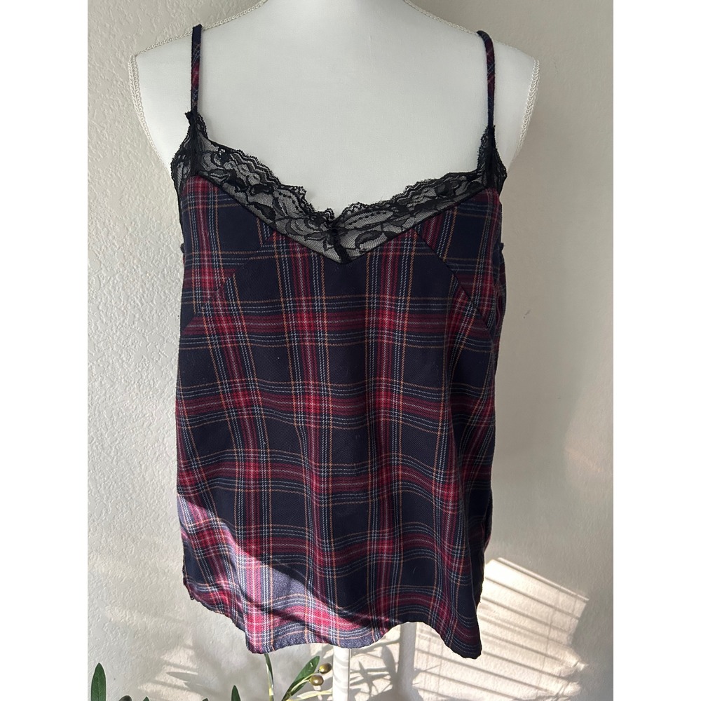 Re:named Plaid Flannel Lace Trim Camisole Top Navy Red L